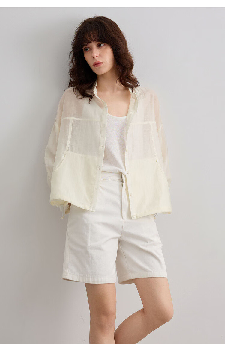 Demana Smooth Tencel Summer Lightweight Crew Neck Shell Button Hem Drawstring Loose Short Women's Jacket 15