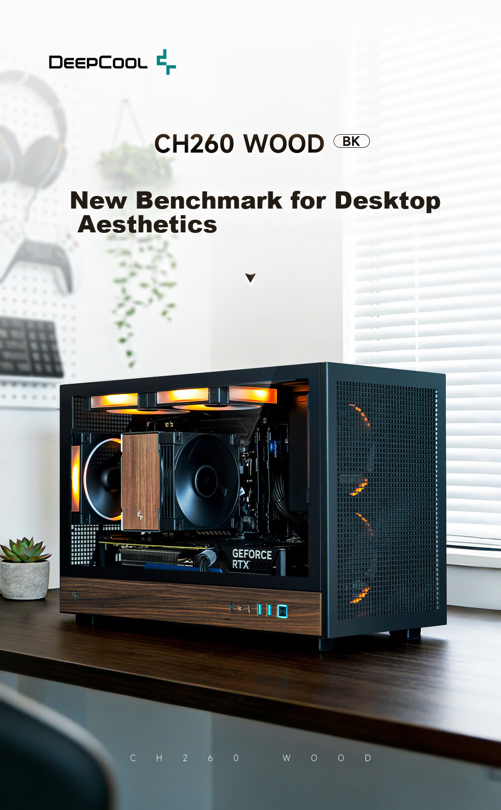 DEEPCOOL CH260WOOD Black Case Compatible with Backplate Motherboard / 360mm Water Cooling / ATX Power Supply / 174mm Air Cooling / Wood Grain Finish I/O Interface 2