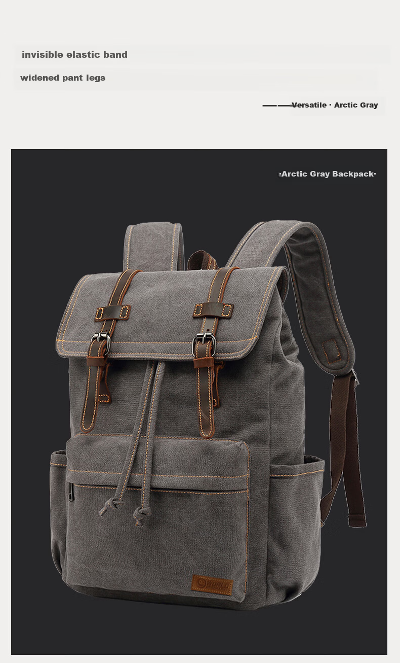 World Geography New Genuine Leather Canvas Backpack Unisex Large Capacity 15.6-inch Laptop Student School Bag Arctic Gray 14