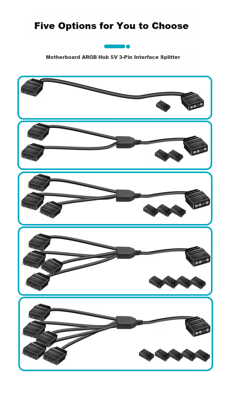 ZHENWEI Motherboard ARGB Hub 5V 3-Pin Interface Splitter Cable 50cm 3