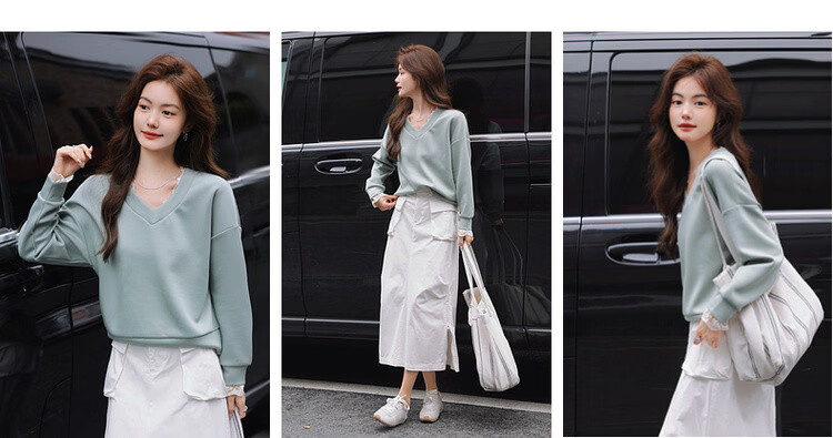 MT Morandi Series Spring Korean Style Air Layer Lace Splice V-Neck Loose Fit Slimming Women's Sweatshirt 5