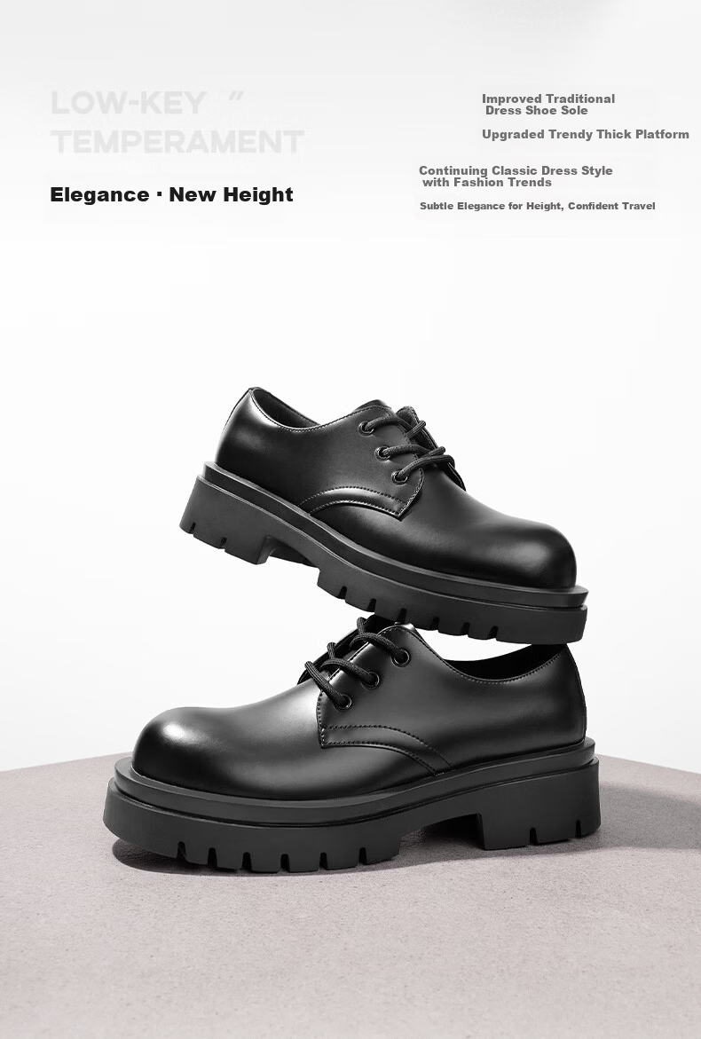 Belle Zhang Linghe Same Style Thick-Soled Business Derby Shoes for Men, Size 26, Summer Commute Formal Leather Shoes A1434, Black-Light Sole, Size 42 4
