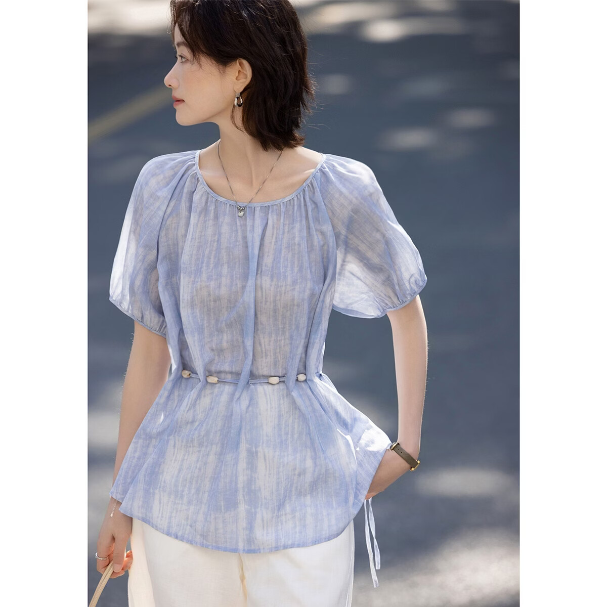Demana Elegant Style Summer Artistic Tie-Dye Print Round Neck Short Sleeve Belted Loose Slim Shirt for Women Premium