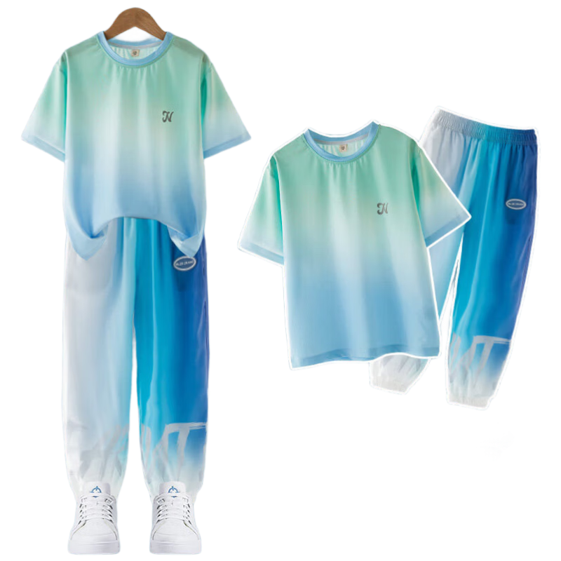 Moonkids Boys Sportswear Set Summer 2026 New Quick-Dry Ice Silk Short Sleeve and Long Pants for Big Kids Stylish