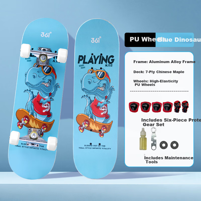 361° Kids Double Kick Skateboard Beginner Boys Girls Youth 6-12 Years Professional Street Skateboard Blue Action Wheels