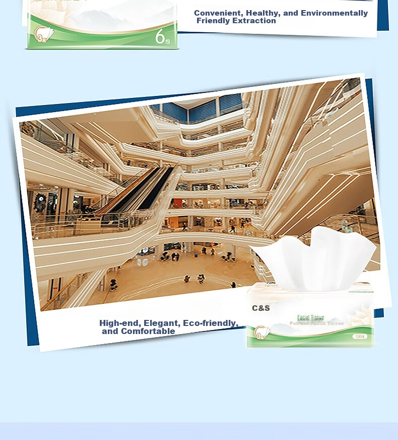 C&S 3-Ply Facial Tissues 100 Sheets x 6 Packs S Size Bulk Pack for Hotel Restaurant Commercial Home Use Napkins 11