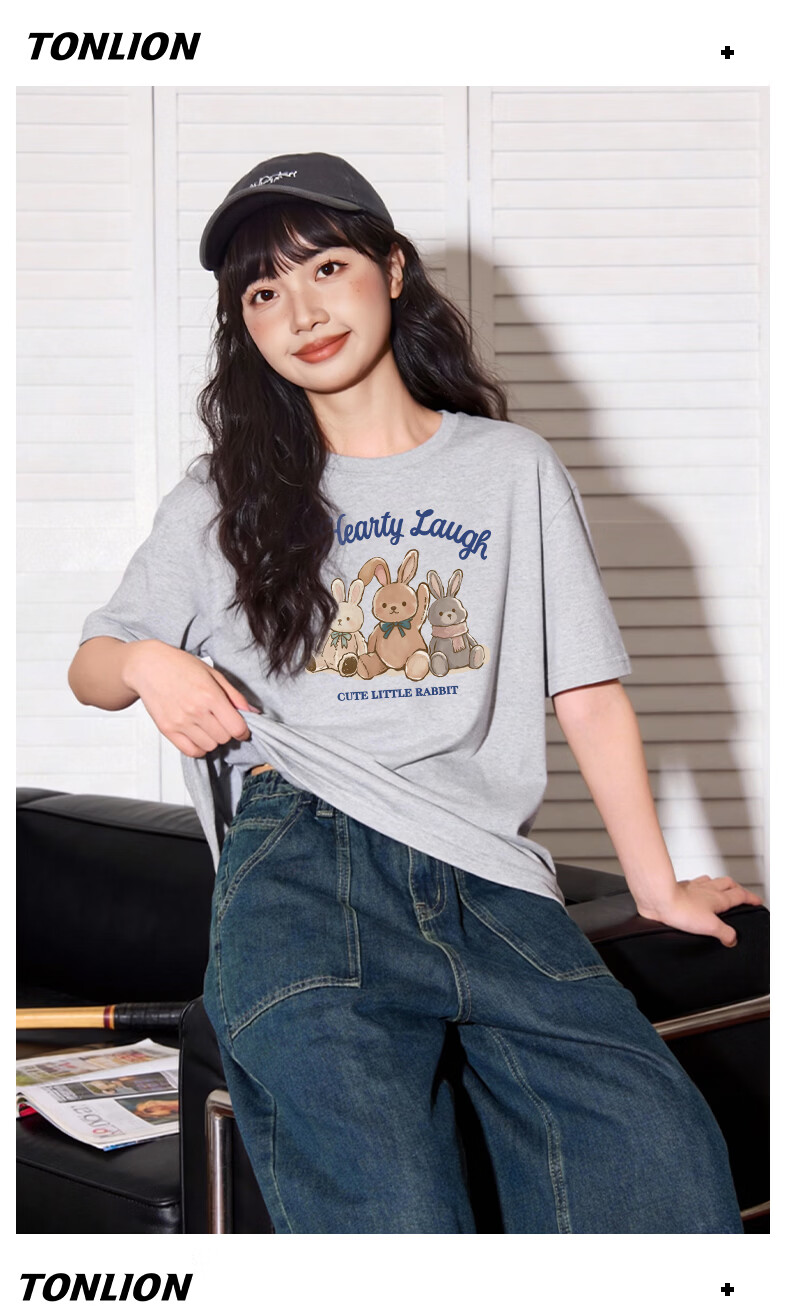 TonLion Women's Pure Cotton Short Sleeve T-Shirt, Round Neck, Loose Fit, Heavyweight Casual Trendy Cartoon Design Sweatshirt 12