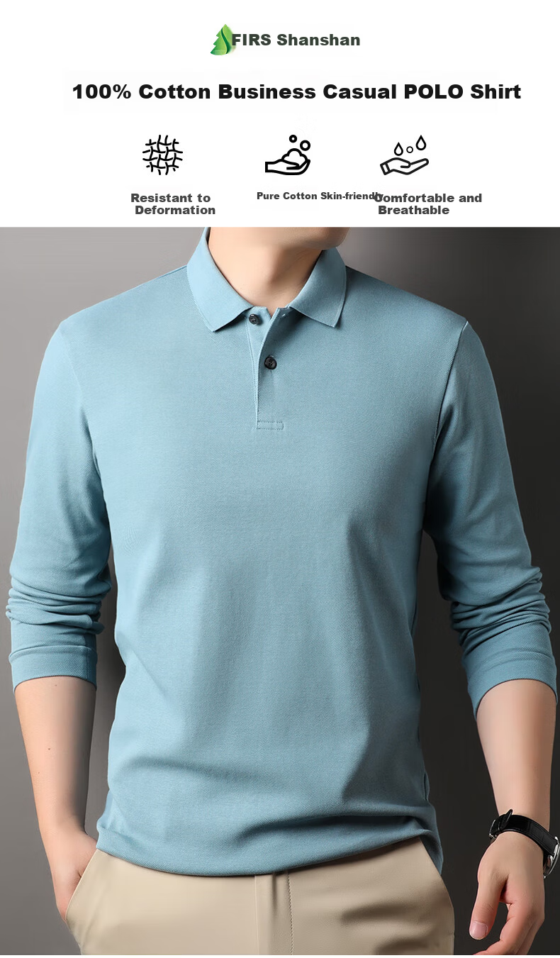 FIRS 100% Cotton Long Sleeve Men's Solid Color Casual Polo Shirt Spring Autumn New Dad Style 1