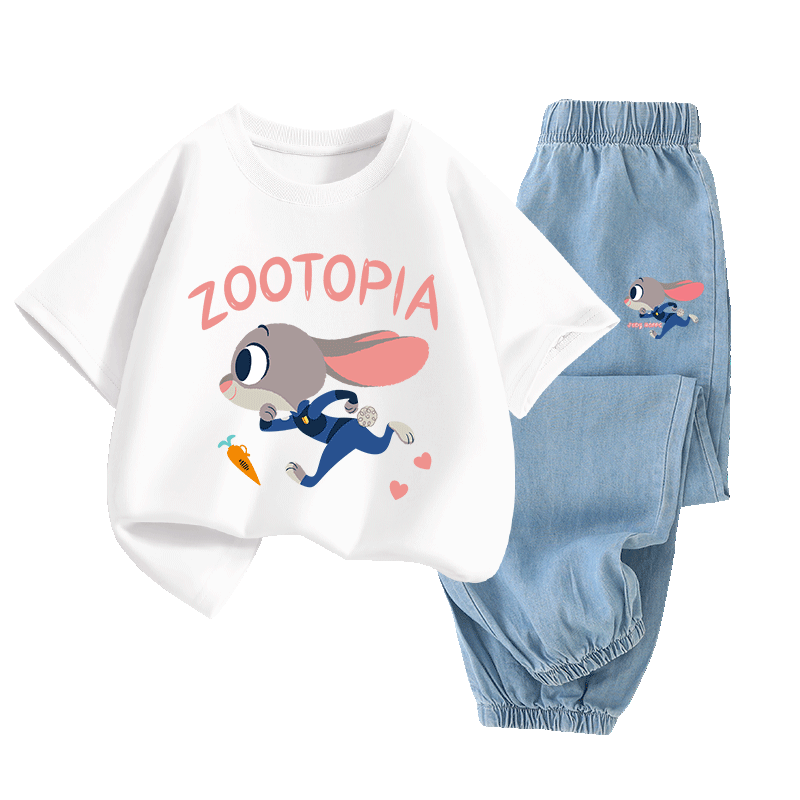 Disney Kids Short Sleeve Girls Set Children's Short Sleeve Tencel Jeans Brave White T-Shirt + Running Light Blue 160
