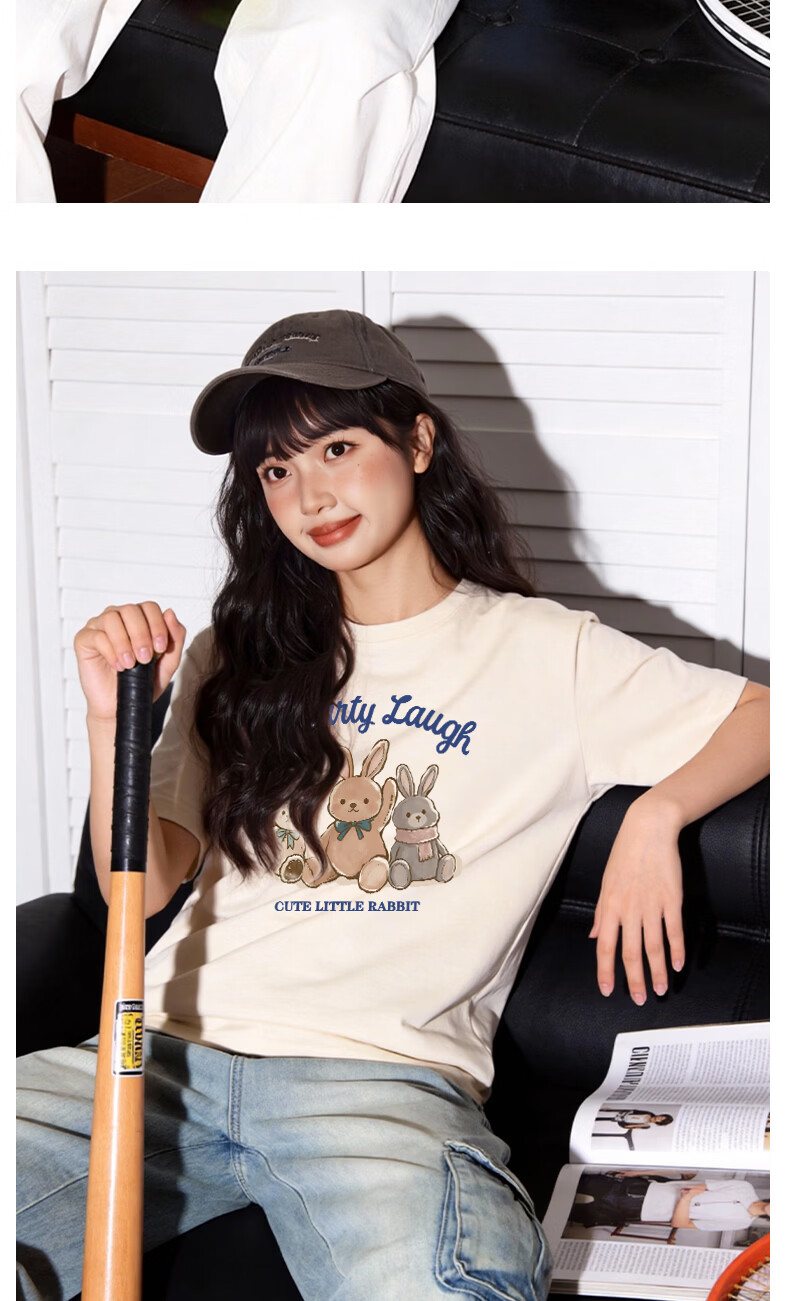 TonLion Women's Pure Cotton Short Sleeve T-Shirt, Round Neck, Loose Fit, Heavyweight Casual Trendy Cartoon Design Sweatshirt 14