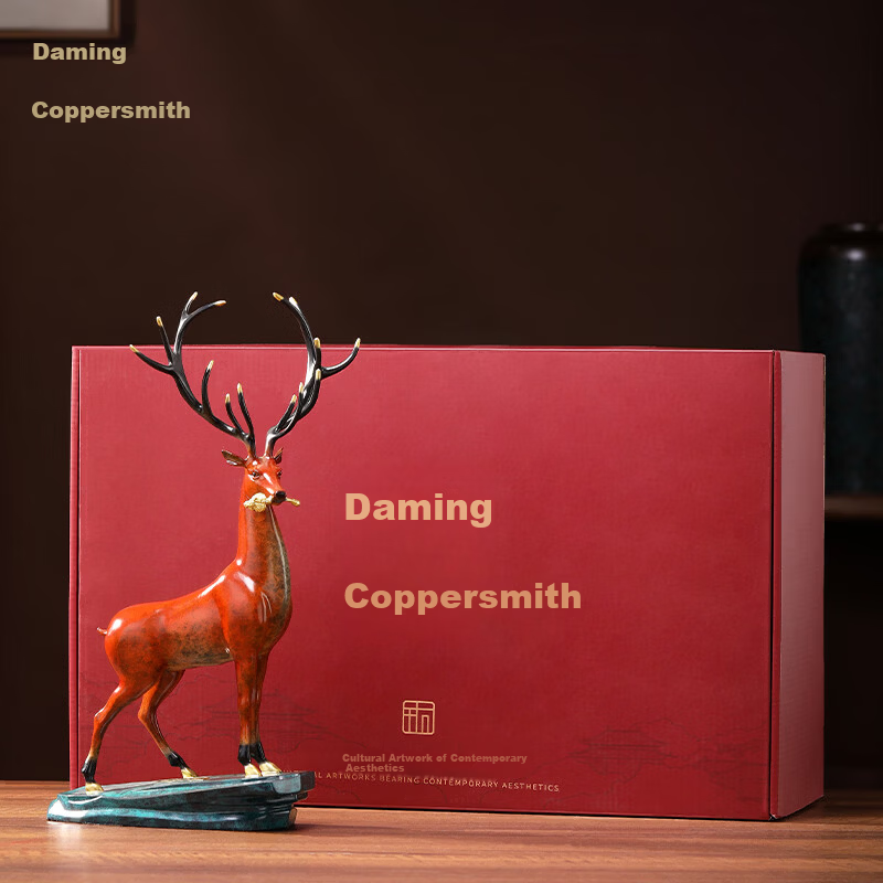 Daming Copper Craftsman Copper Deer Ornament - Prosperity and Longevity Deer Figurine for Living Room and Office Desk, Chinese Style Creative Home Decor, Housewarming Gift