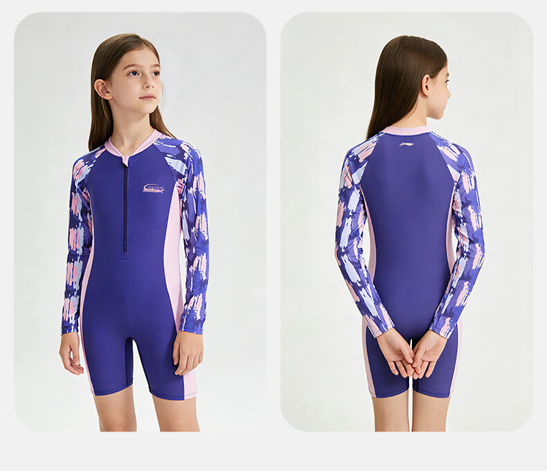 LI-NING Youth Girls' One-Piece Long Sleeve Surfing Swimsuit Five-Point Professional Training Swimwear 1341 Blue Purple Size 160 10