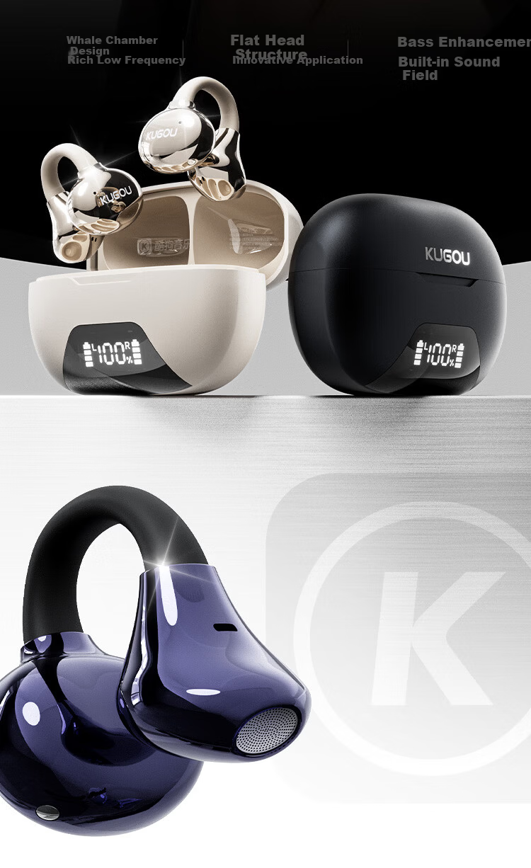 KUGOU ET300 Bluetooth 6.0 Clip-On Bone Conduction Earphones Open-Ear Wireless Sports Running Music Gaming Noise-Cancelling Long Battery Life 2