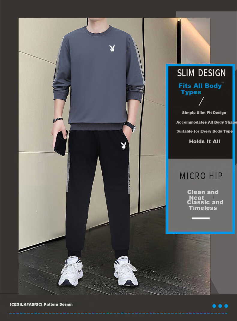 Playboy Men's Long Sleeve T-Shirt and Pants Set Spring Autumn Casual Sports Two-Piece Black L 2
