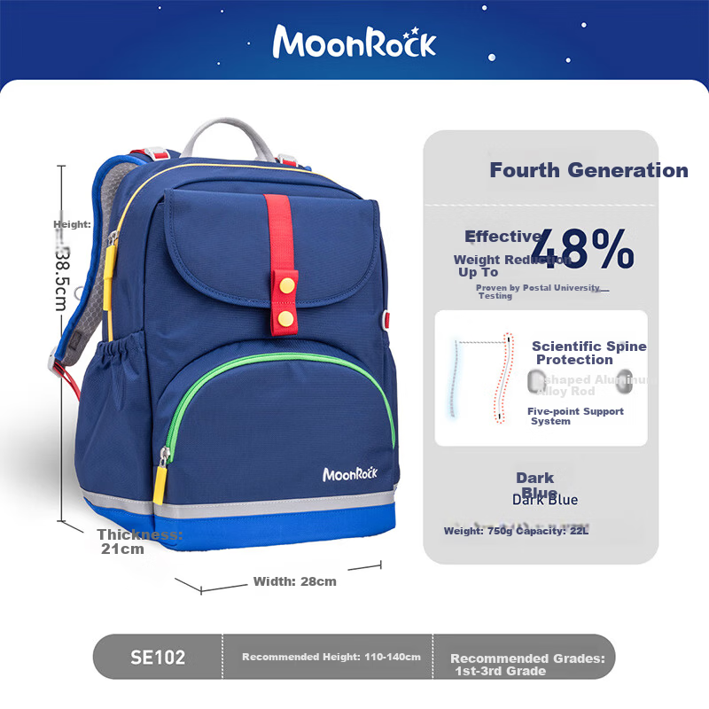 MoonRock Primary School Backpack for Grades 1-3 Kids Boys and Girls Ergonomic Lightweight Deep Blue