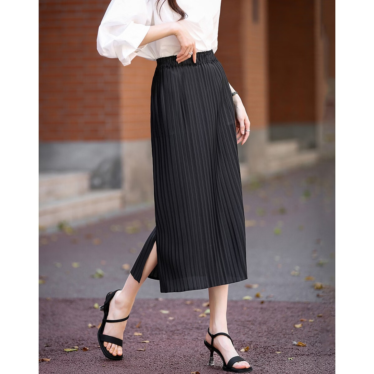 Demana Arc Light Silhouette Spring Autumn Intellectual Style Elastic Waist Pleated Skirt Irregular Print Split Women's Midi Skirt