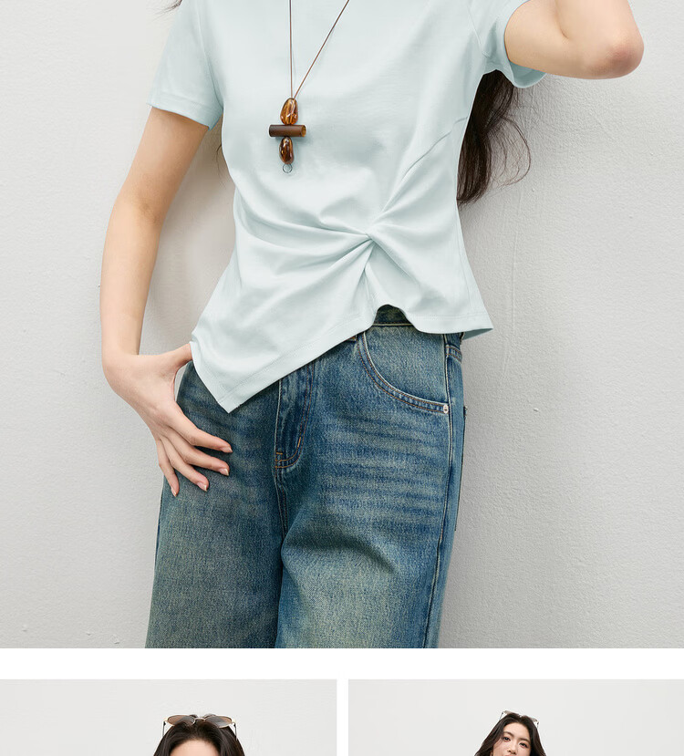 Shangdu Bila Off-Shoulder Pure Cotton T-Shirt Women Spring Summer Twist Knot Irregular Hem Short Sleeve Slimming Top 24