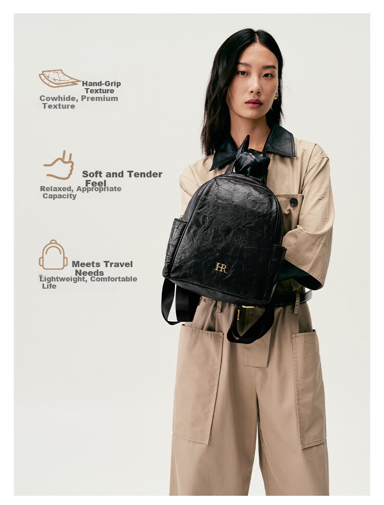 HRHR First Layer Cowhide Vintage Multi-Pocket Women's Backpack Casual Travel Bag Women's Day Gift 4