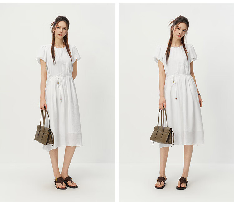 Semir Women's Summer Dress Puff Sleeve Waist-Defined Textured Long Dress 2026 Elegant Vacation Style White Dress 109326114033 4