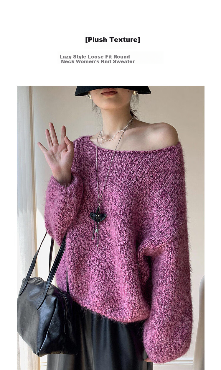 Demana Women's Winter Sweet Style Round Neck Loose Fit Cozy Petite Knit Sweater with Fluffy Wool 1