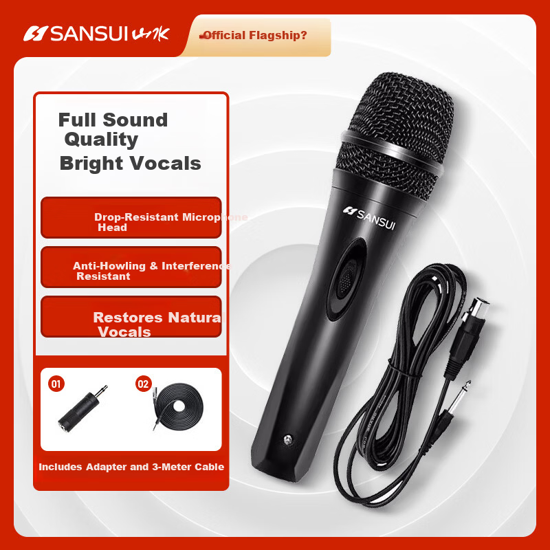 SANSUI S02 Wired Handheld Dynamic Microphone High-Quality KTV Home Singing Speech Stage Performance Classic Black