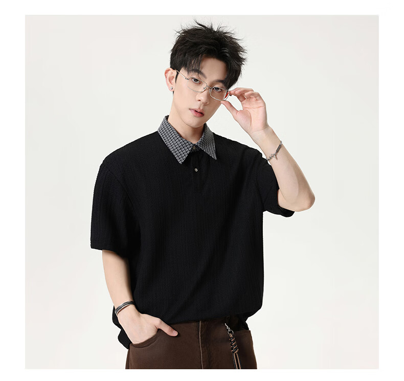 MMOPTOP Vintage Two-in-One Short Sleeve Plaid Jacquard Polo Shirt Men Summer Loose Fit Collared T-Shirt MP21 Black 3XL 12
