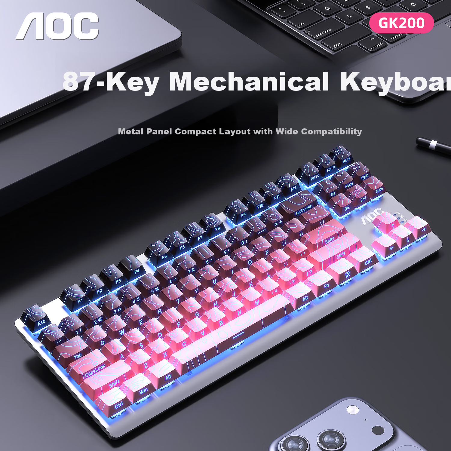 AOC GK200 Mechanical Keyboard Contour Side-Printed Wired Gaming Keyboard Hot-Swappable RGB Backlit 87-Key Anti-Ghosting Blackberry Pink Blue Switch