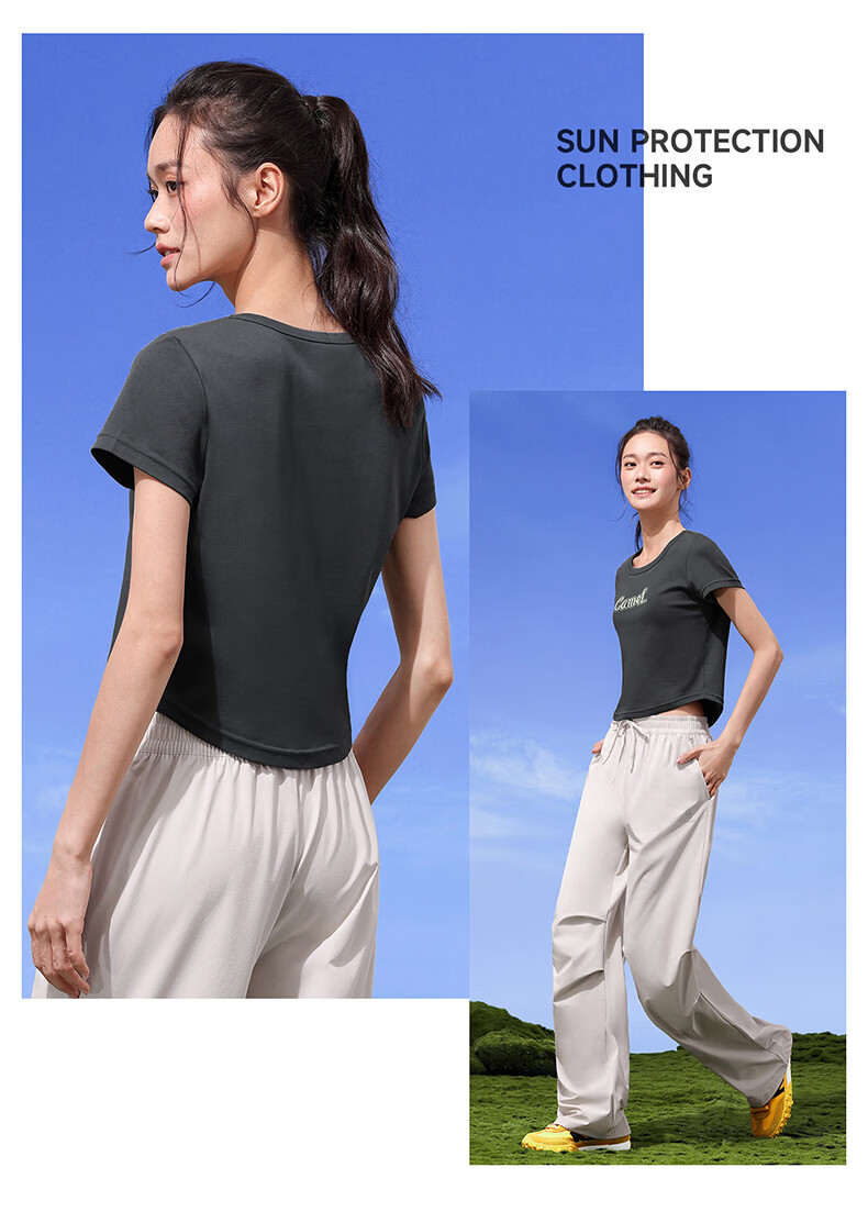 CAMEL Cotton-Feel Sports T-Shirt for Women Quick-Dry Breathable Casual Short Sleeve Top Y26BAVLZ020 Truffle Gray XL 18