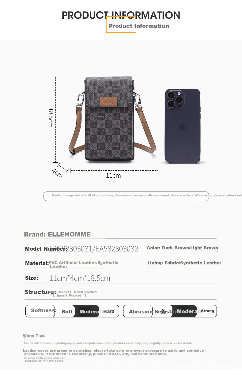 ELLE HOMME Fashion Single Shoulder Crossbody Bag Trendy PVC Leather Phone Bag Casual Unisex Small Shoulder Bag 3031 Dark Coffee 4