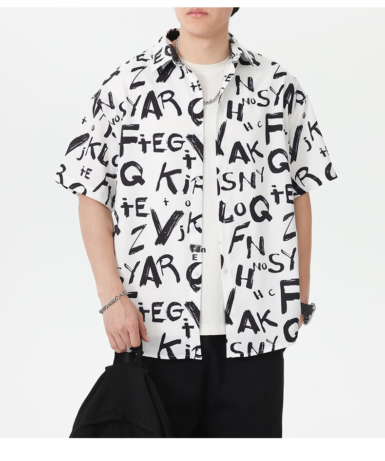 CLOR American Style Ice Silk Men's Spring and Autumn Printed Short Sleeve Shirt Loose Fit Five-Sleeve CLCX12 Cool Letter 2XL 7
