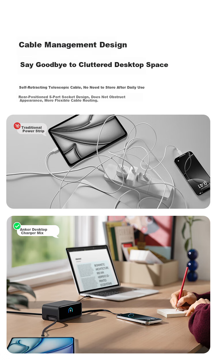 ANKER 100W Desktop Charging Station Mix with Retractable Data Cable GaN Type-C Charger Compatible with Huawei 66W Fast Charge Apple iPhone 17 iPhone 16 Black 5