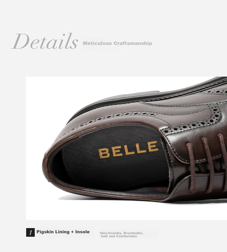 Belle Men's Brogue Business Genuine Leather Shoes Autumn Commuter Height Increasing Thick Sole Formal Shoes A2065CM5 Brown Size 38 13