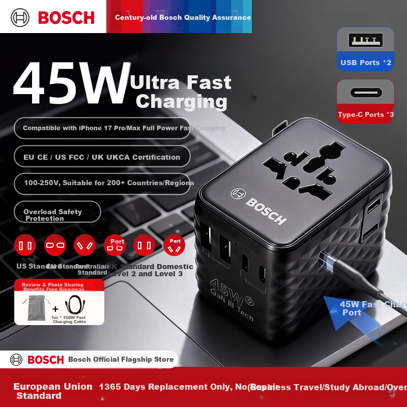 BOSCH Universal Travel Adapter for Multiple Countries/New Zealand Australia Hong Kong UK US Plug Converter (45W)