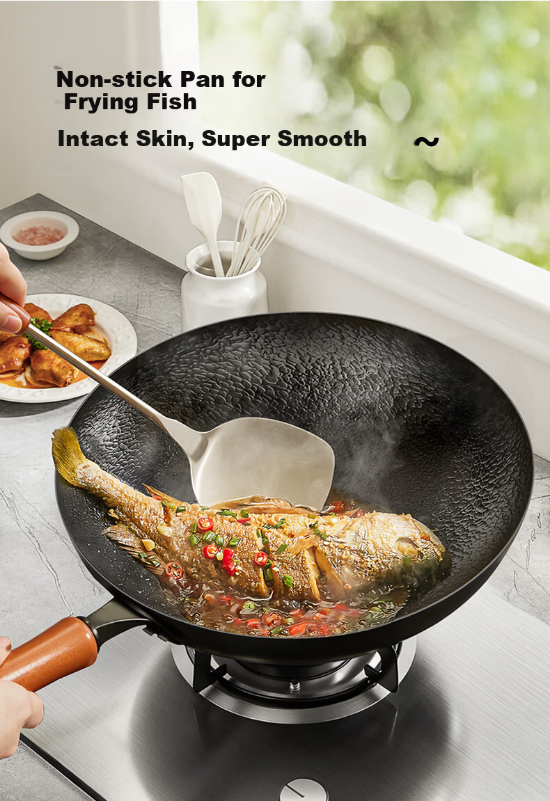 Sacon Handmade Forged Iron Wok Rust-Resistant Non-Coated Non-Stick Round Bottom Stir Fry Pan 32cm with Lid Compatible with Gas and Induction Cooktops 7