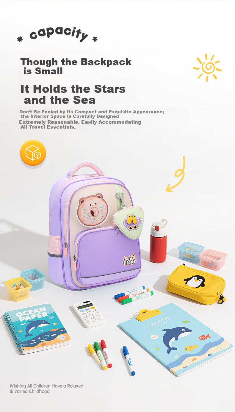 Sunshine 8 O'clock Primary School Backpack Children's School Bag Boys Girls Ergonomic Lightweight Grade 1-3-5 Stylish Double Shoulder Bag 8