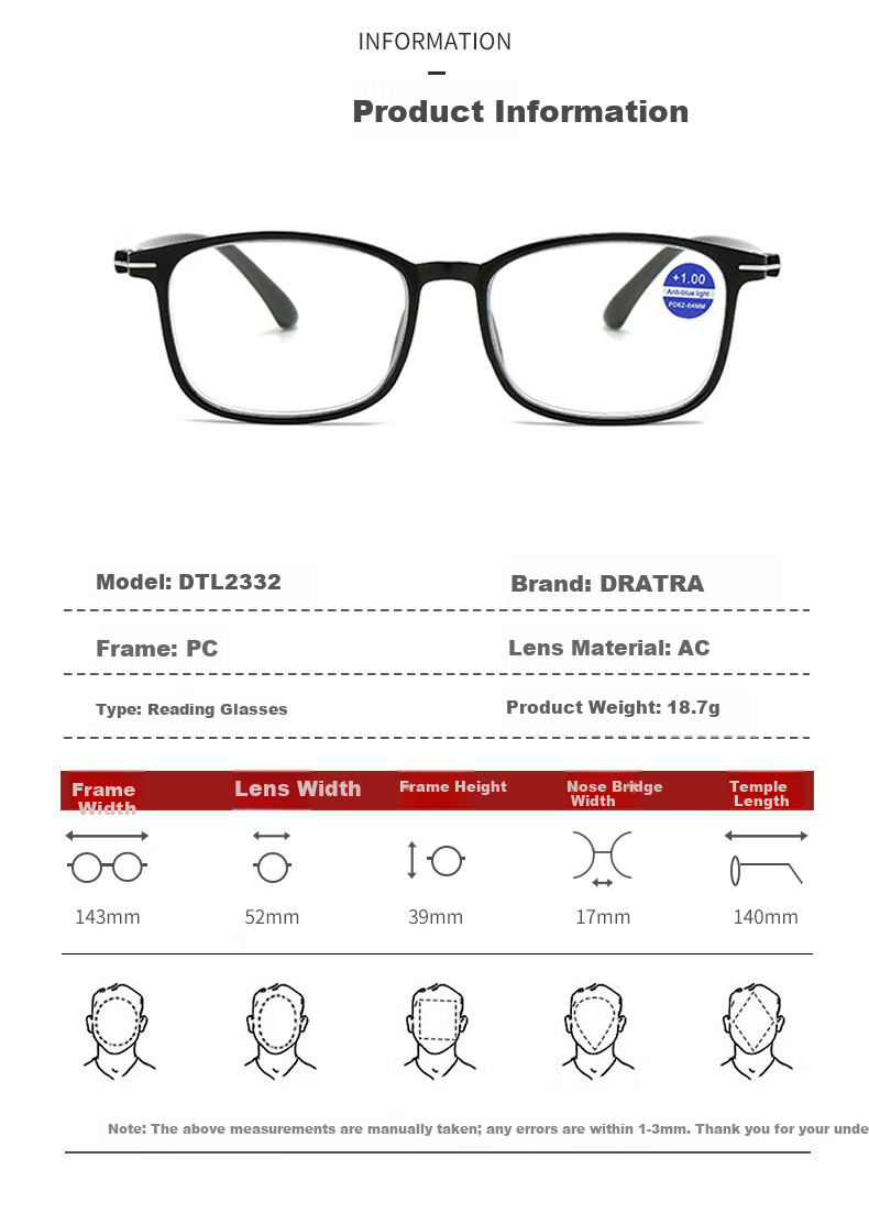 DRATRA Blue Light Blocking Reading Glasses Portable High-Definition Ultra-Light Classic Simple Design for Men and Women with Optional Prescriptions 6