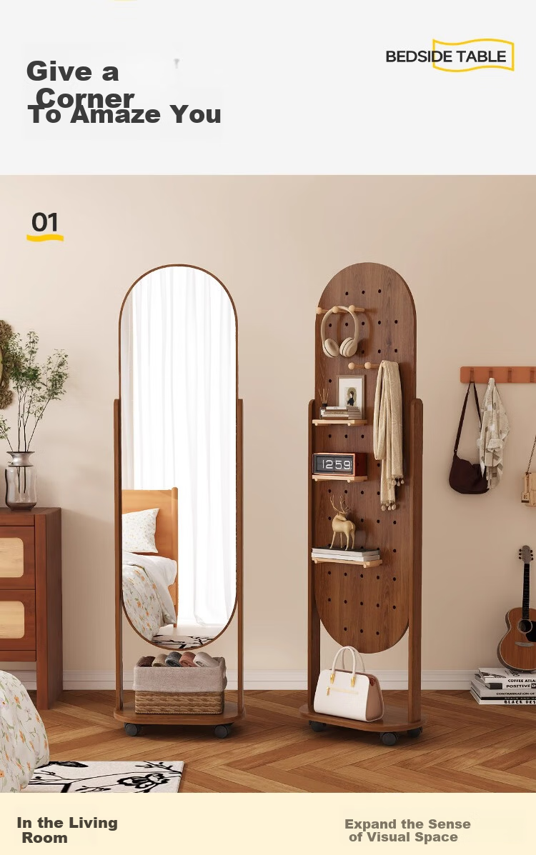 Millennium Mansion Pegboard Rotating Full-Length Mobile Floor Mirror with Integrated Clothes Rack 170*40 Walnut 11