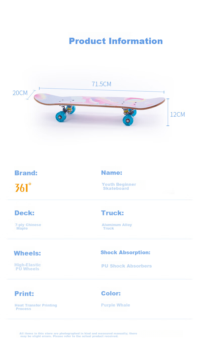 361° Kids Double Kick Skateboard Beginner Boys Girls Youth 6-12 Years Professional Street Skateboard Blue Action Wheels 8
