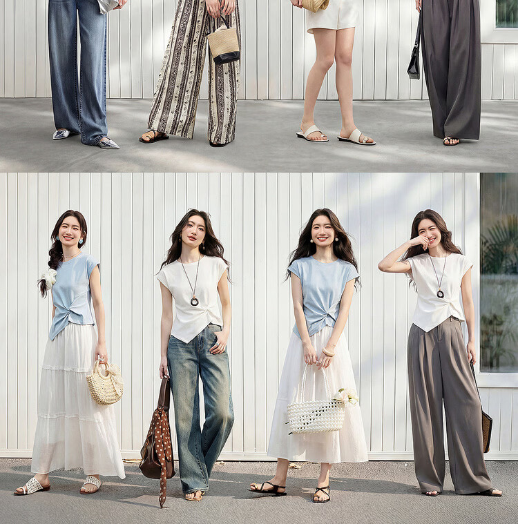 Shangdu Bira Raglan Sleeve Pure Cotton T-Shirt Women Spring Summer Crew Neck Knot Slim Fit Irregular Hem Tailored Casual Top 8