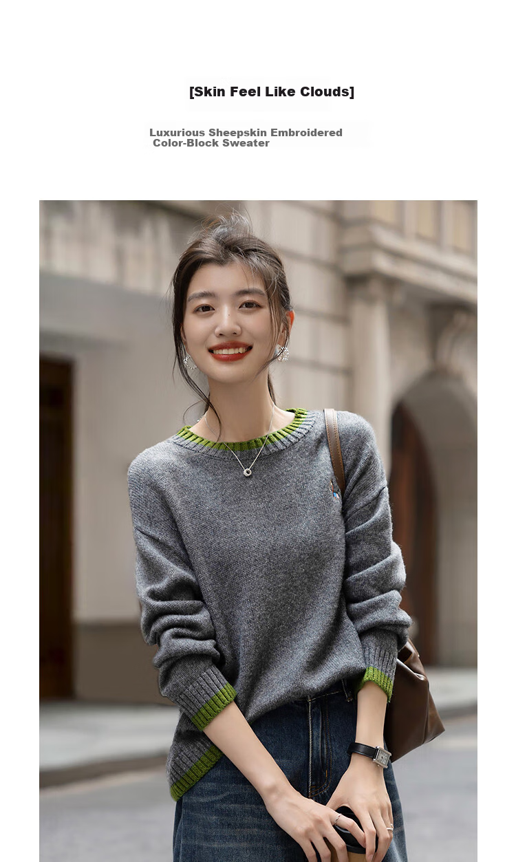 Demana【Voluminous Fluffy Wool】Winter Simple Style Embroidered Colorblock Crewneck Loose Knit Sweater for Women 1