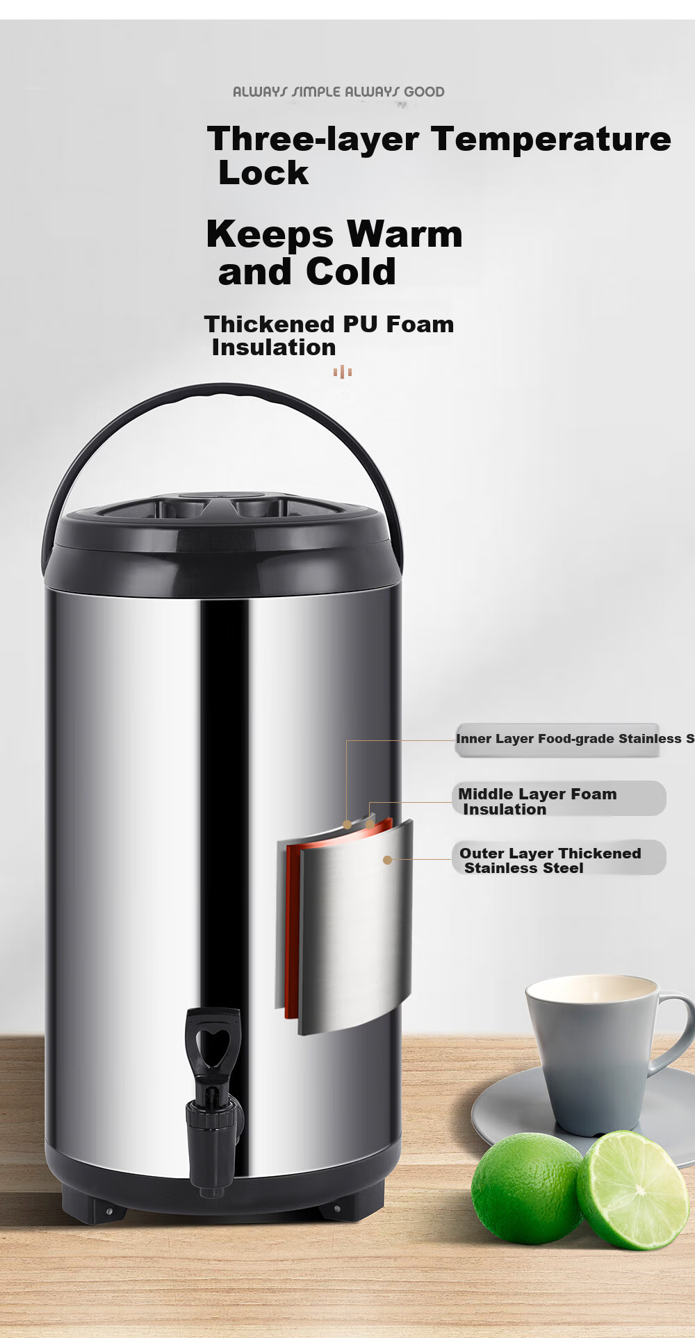 Golden Key Stainless Steel Insulated Milk Tea Container 12 Jin Commercial Double-Layer Soy Milk Bucket with Faucet Pearl White GK-NCT80-W 1