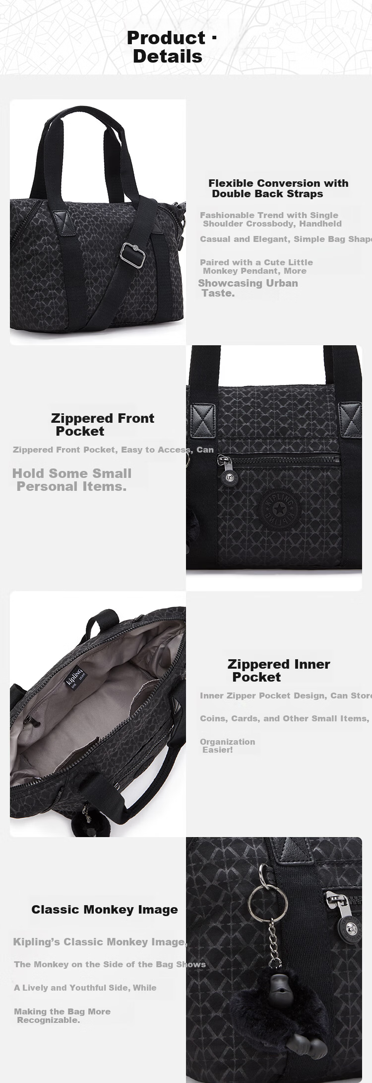Kipling ART MINI Black Letter Print Handbag 38 Women's Day Gift 2