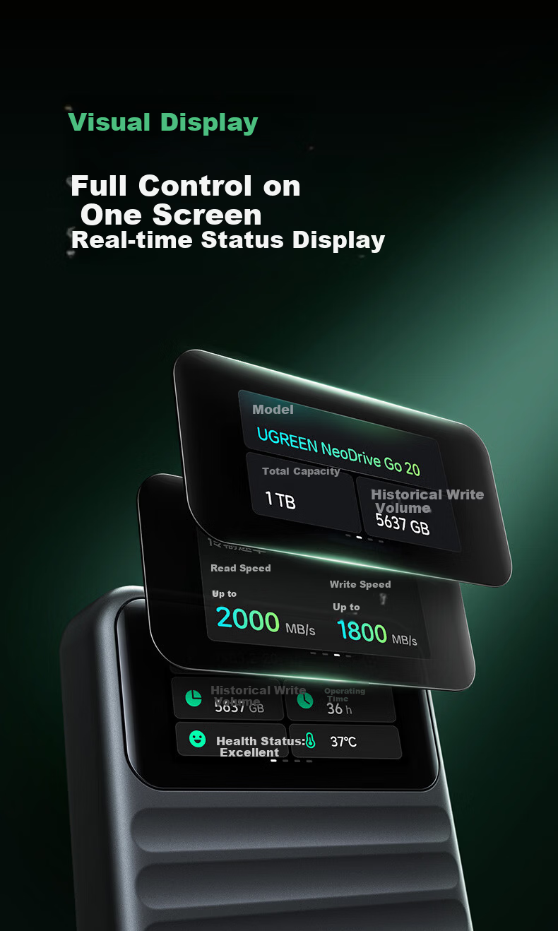 UGREEN Go20 Smart Display Edition 1TB Portable SSD (PSSD) High-Speed 2000MB/s Transfer Compatible with Thunderbolt 4/3 Type-C Integrated Built-in Data Cable 8