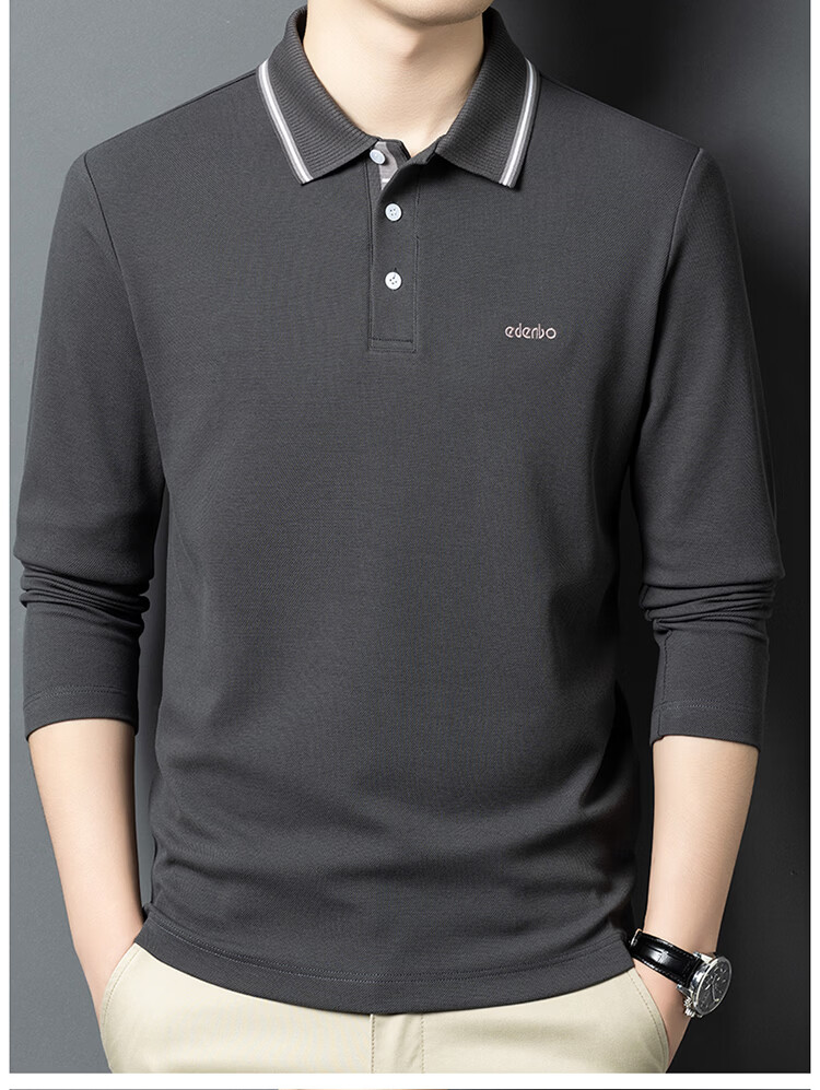 Edenbo Long Sleeve Polo Shirt Men Pure Cotton Simple Top Navy Blue 175/92A (XL) 17