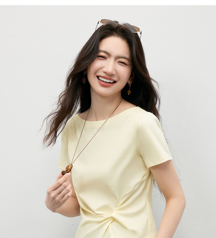 Shangdu Bila Off-Shoulder Pure Cotton T-Shirt Women Spring Summer Twist Knot Irregular Hem Short Sleeve Slimming Top 13