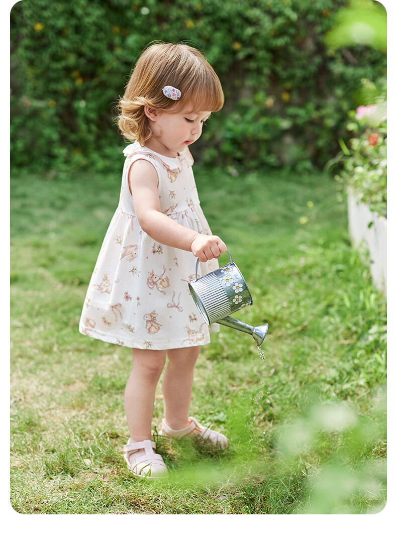 JELLYBABY Round Neck French Style Floral Dress Summer Girls Baby Knitted Vest Dress Casual Breathable Lightweight 4