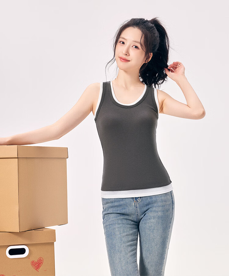 Hodo Women's Soft Stretch Cotton-Spandex Colorblock Fake Two-Piece Slim Fit Slimming Simple Sports Commuting Versatile Wide Strap Vest 14
