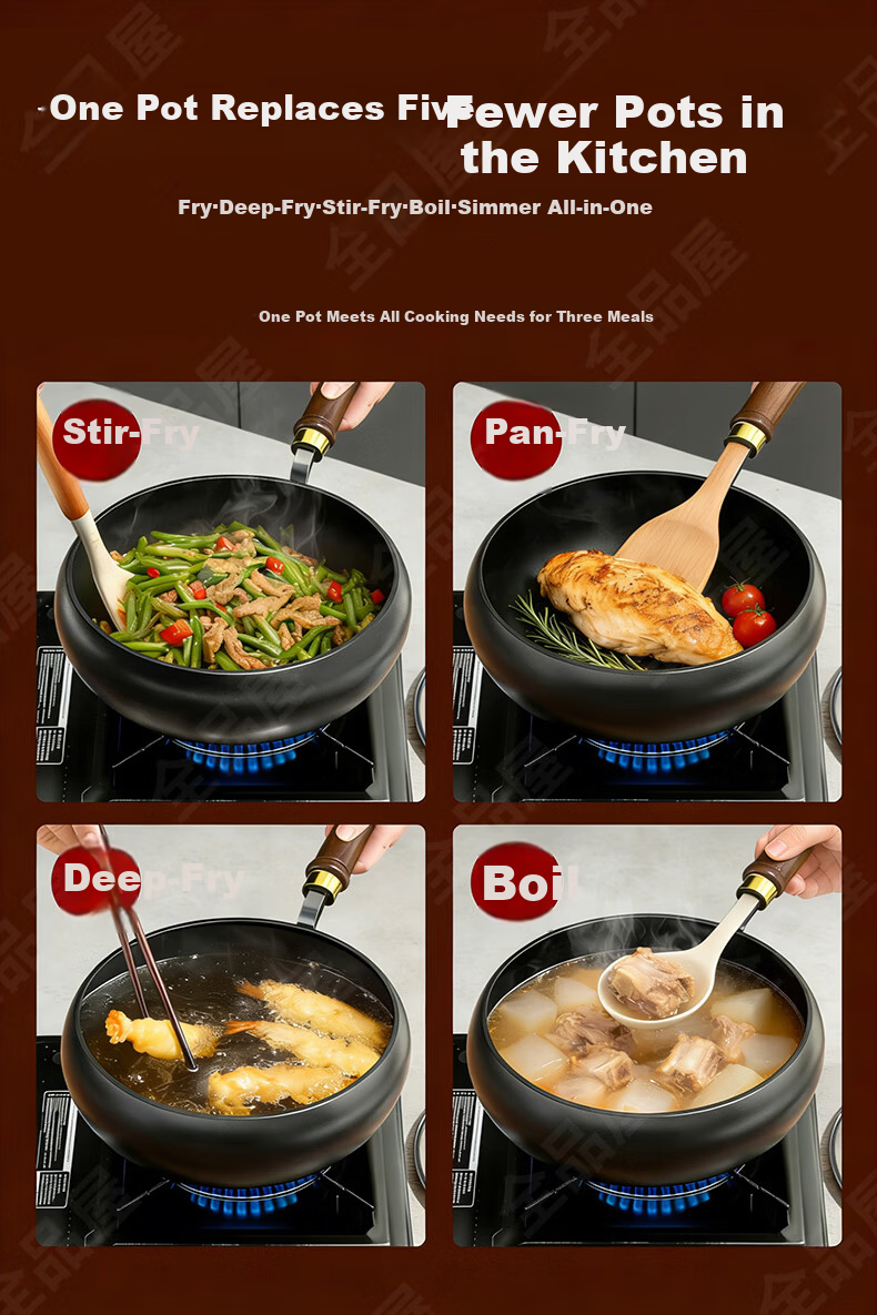 Quanpinwu 26cm Large Belly Iron Stir-Fry Pan Flat Bottom No Coating Non-Stick Rust-Free for Home Small Gas Stove Induction Cooker Seasoned 10