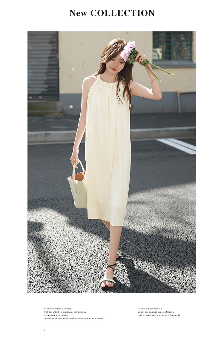 MT Summer Vacation Style Sleeveless Halter Neck Solid Color Minimalist French Casual Dress 8