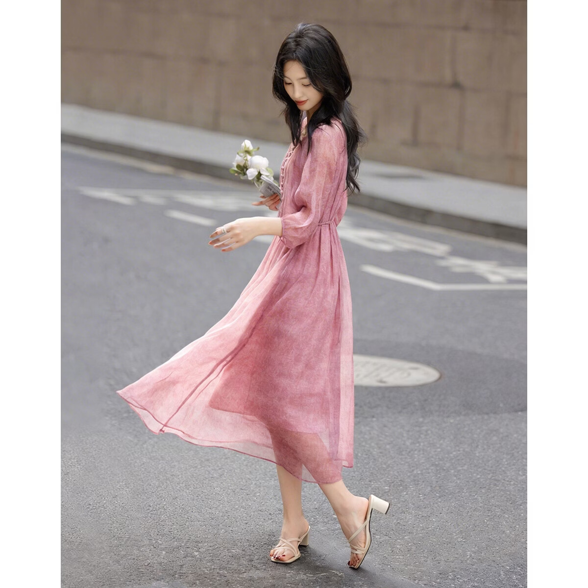 Demana Misty Rose Summer Elegant Printed Tie-Waist Six-Sleeve Flowing Slim A-Line Dress for Women Premium Feel